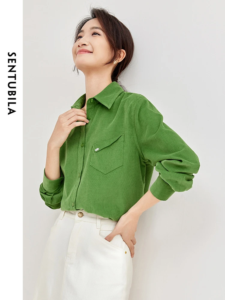 SENTUBILA Women\'s Cotton Corduroy Shirt Lapel Single Breasted Spring Green Loose Blouse Women 2024 Long Sleeve Top 133C51681