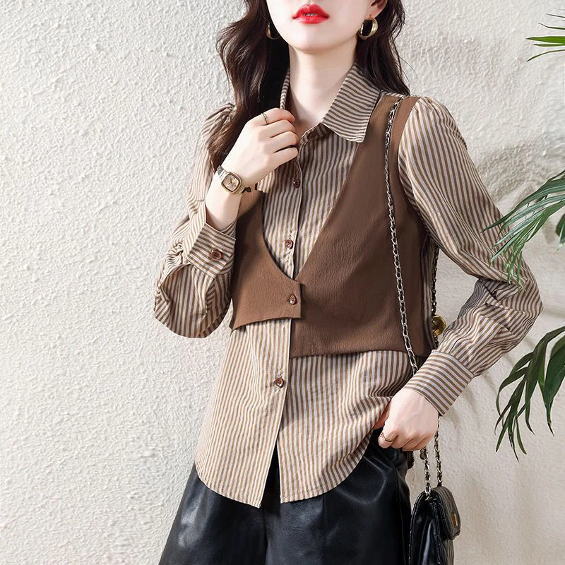 Frühling Herbst Gefälschte Zwei Stück Gestreiften Patchwork Hemd Dame Streetwear Y2K Tasten Bluse Top Frauen Casual Mode-Trend Strickjacke