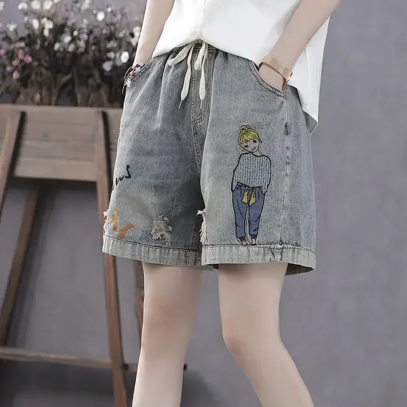 

Summer Loose High-waisted Denim Shorts Women Wild Self-cultivation Embroidery Elastic Waist Embroidery Retro Straight-leg Pants