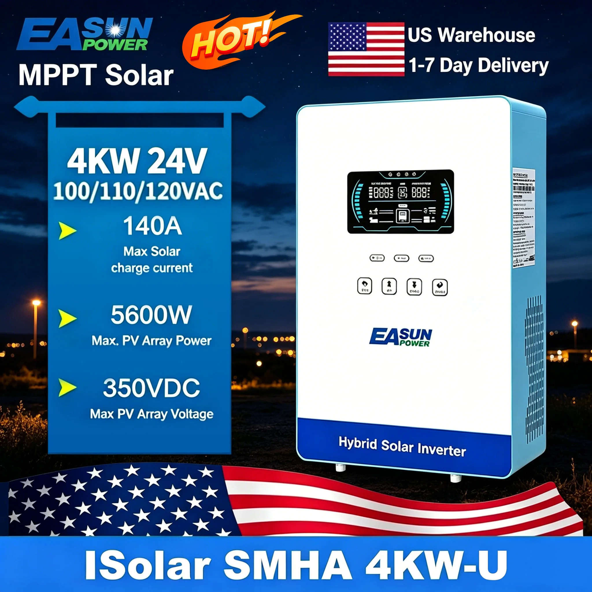 EASUN POWER 4KW 24v Power Solar Inverter Off Grid 110/120v Pure Sine Wave MPPT Solar Charger Power Home Inversor  LCD Display inversores híbridos solares US warehouse