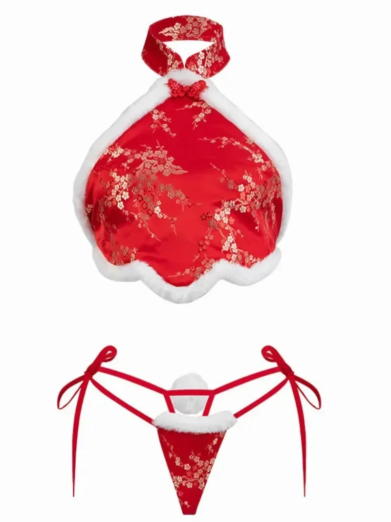 Ancient Style Three-point Retro Printing Split Bodysuits Red White Splicing Simple Cute Women Bodysuits Back Hollow Out 2025 New