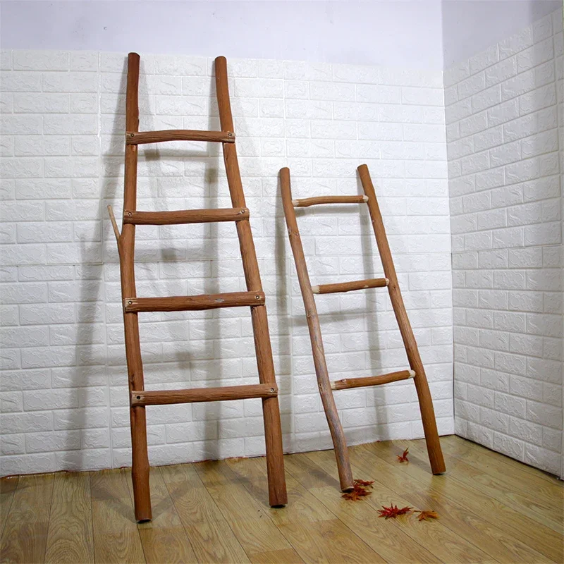 Stair creative solid wood rack load-bearing ladder bedroom coat rack punching-free porch wall-mounted clothes rack