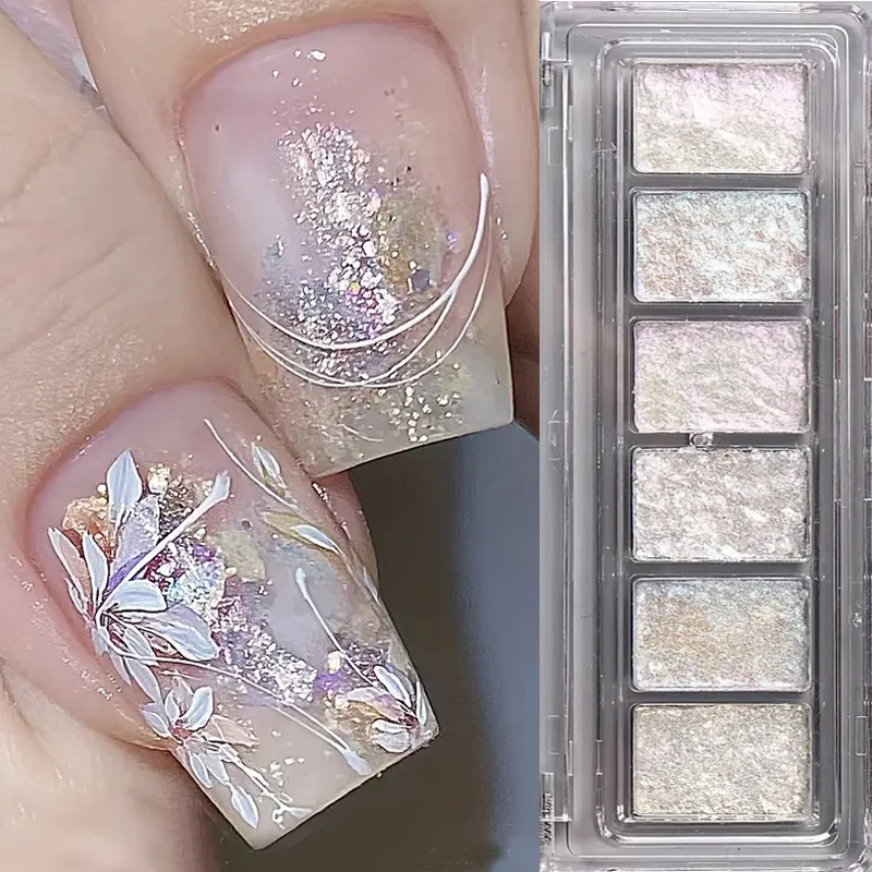 6 สี/กล่อง Aurora Bling โอปอลเล็บผงสะท้อนแสงเงา Mermaid Chrome เล็บ Glitter ผงเล็บ Art ถูฝุ่นตกแต่งเม็ดสี