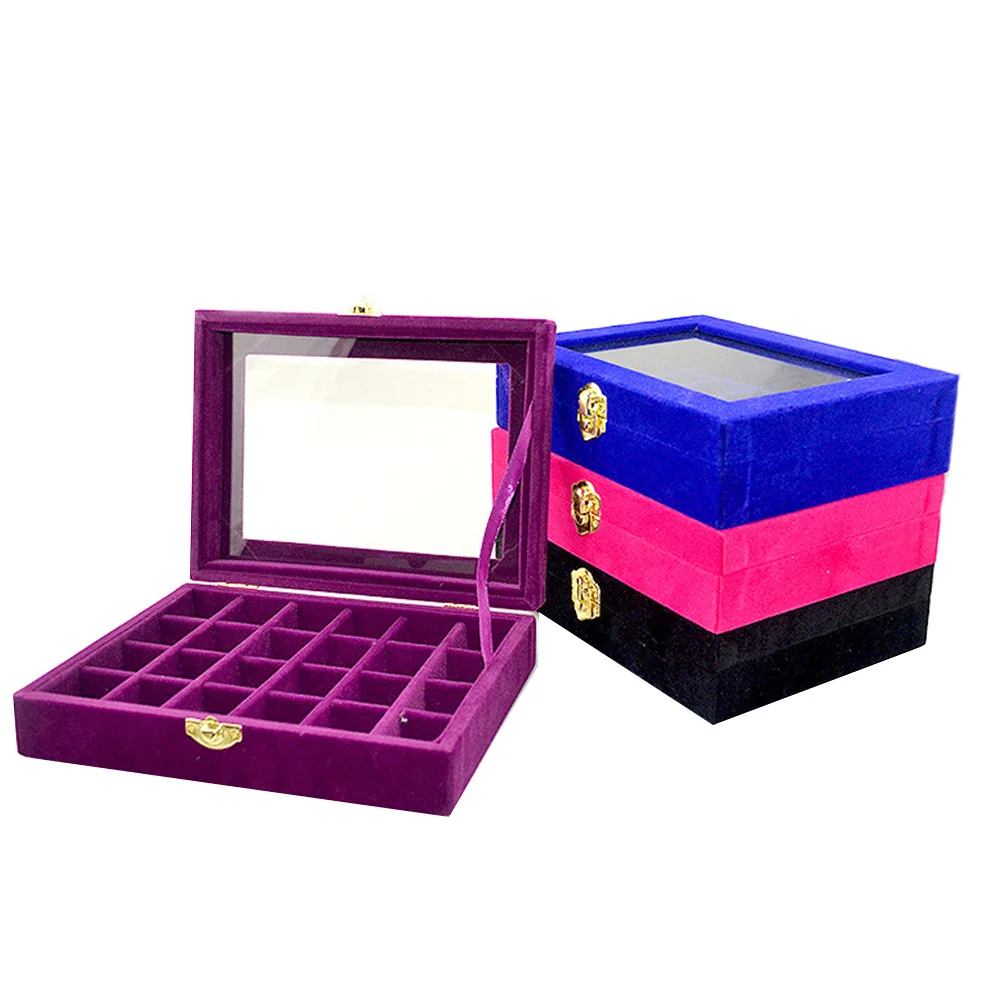 

Organizer Case Box with Gold Single Buckle Trumpets Holder Storage Glass Earrings Rings Jewelry Display (Purple)