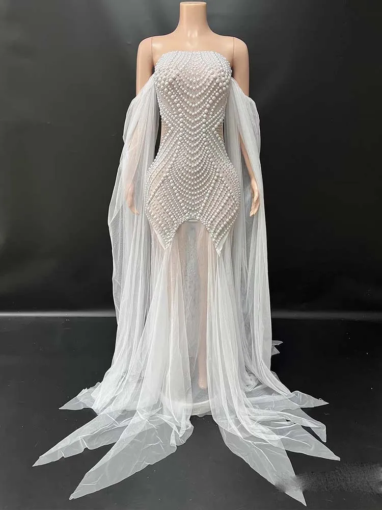 High Quality Hot Rolled Pearl Sexy Mesh Spliced Pearl Strapless Dress 2025 New Fashion Custom Women'S Clothing