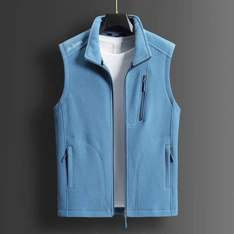 Men\'s Clothing Trendy Spring Autumn High-neck Zipper Cardigan Sleeveless Solid Color Pockets Casual Coats Preppy Style Tops