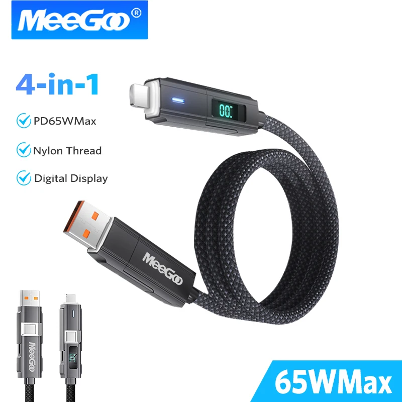 

MeeGoo 4 in 1 USB C Cable With LED Display PD 65W Fast Charging & Data USB A Type-C Charger Wire For Tablet phone Charging Cable