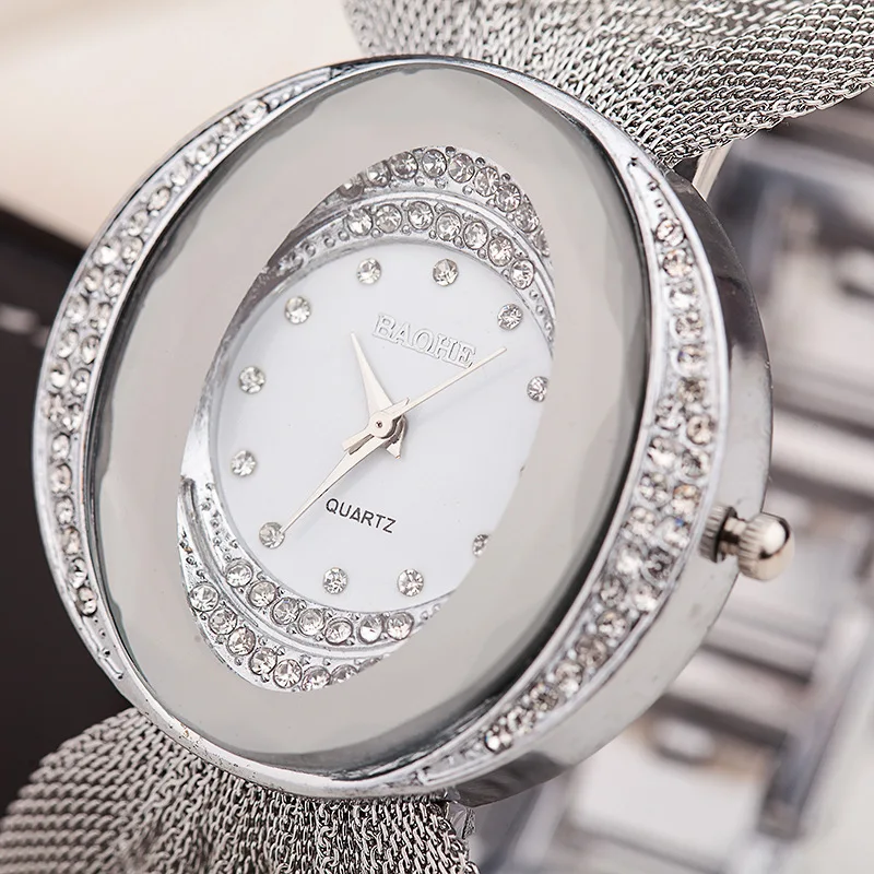 Reloj con correa de malla para mujer, pulsera ovalada de oro, reloj de cuarzo de aleación, reloj de banda ancha ovalado con diamantes de imitación para mujer