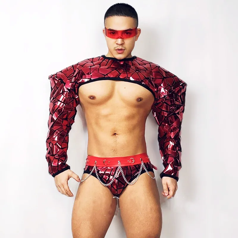 

Bar Nightclub Men Women Team Gogo Dance Costume Sexy Red Shoulder Pads Tops Shorts Rave Outfit Mirror Sequin Performance Clothes