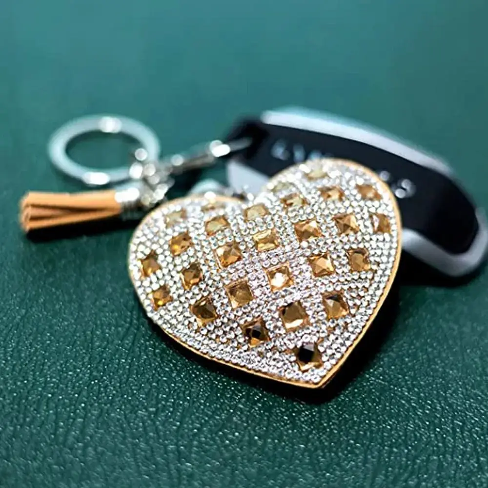 Luxury Bling Rhinestone Heart Shape Keychains Women Girls Leather Keyring With Tassel For Purse Charms Backpack Accessories