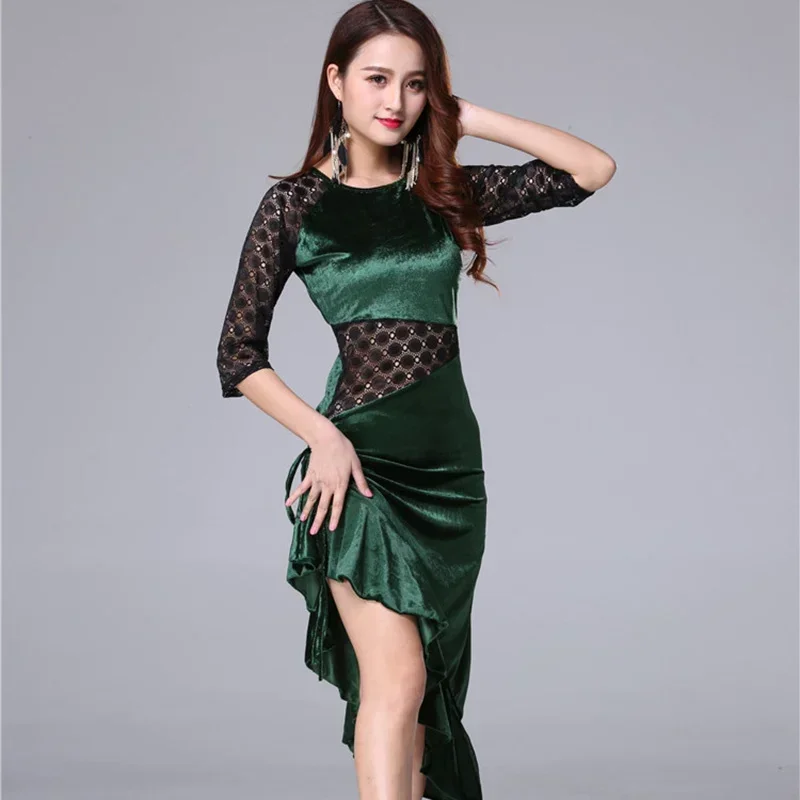 New Women Dance Wear Ballroom Dress Samba Costume Sexy Party Dresses Floral Lace One-piece Latin Dress