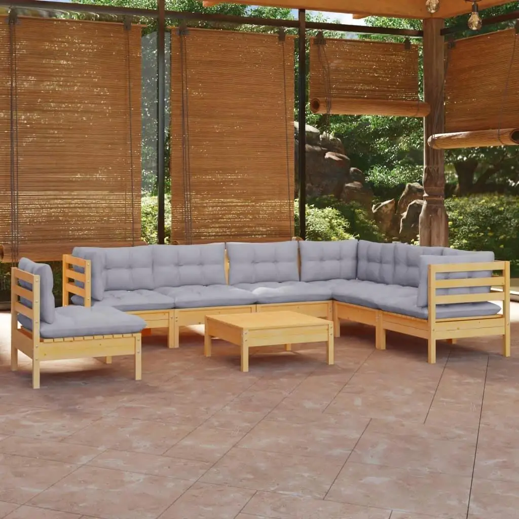 8-Piece Outdoor Patio Lounge Set with Gray Cushions - Durable Solid Pinewood Furniture