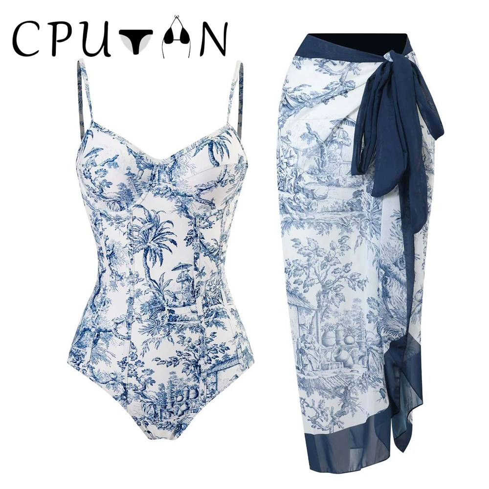 CPUTAN Push Up Bikini Set 2024 Sexy Women One Piece Swimsuit with Sarong Dress Floral Swimwear Skirt Cover Brazilian Beachwear