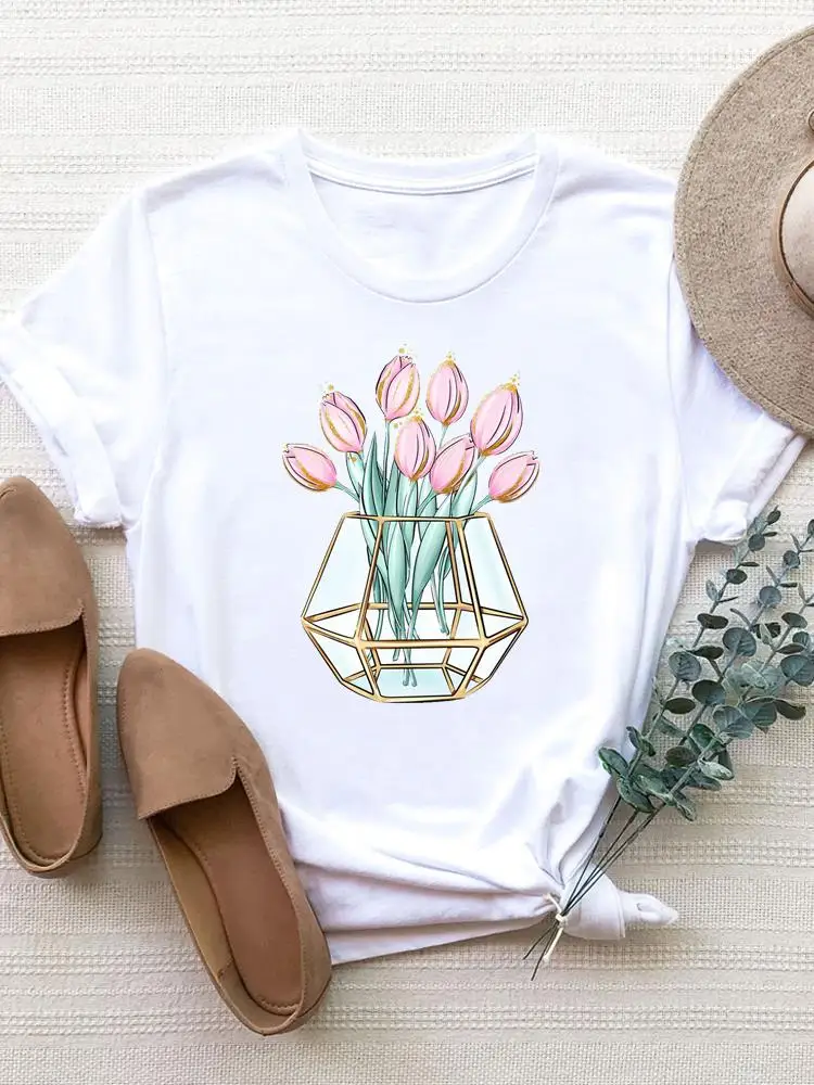 

Short Sleeve Summer Top Tee Women Clothes Flower Trend Cute 90s Style Basic Clothing Print T Shirt Fashion Graphic T-shirt