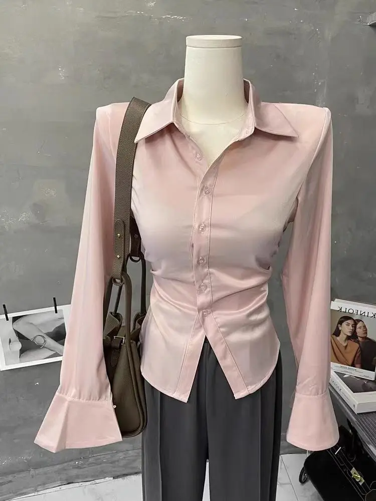 Women\'s Sexy Solid Color Slim Shirt Turn-down Collar Flare Sleeve Korean Fashion Vintage Female Blouses Sping Ladies Tos