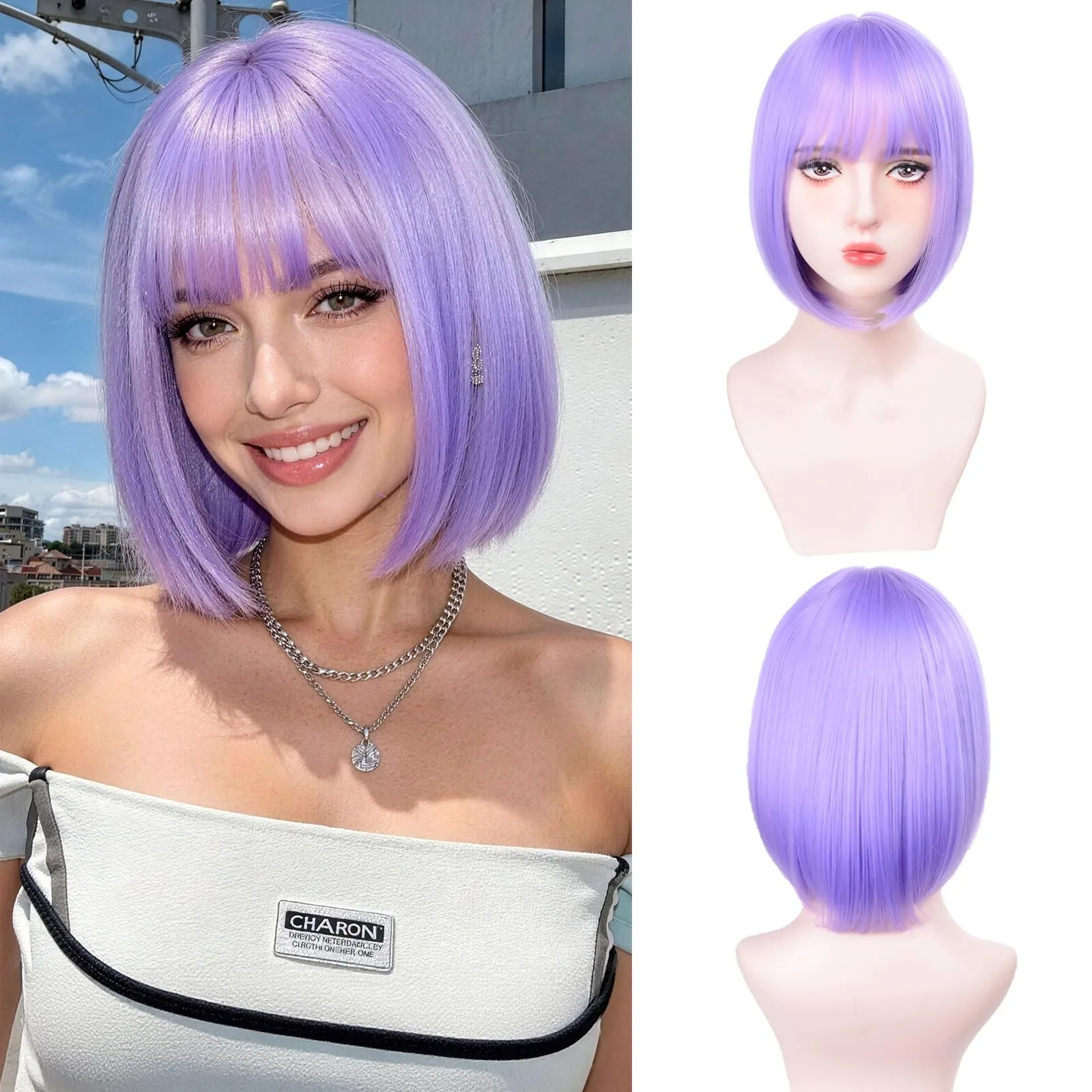 Short purple bob hairstyle synthetic wig for Halloween party cosplay role-playing costume party everyday party headband