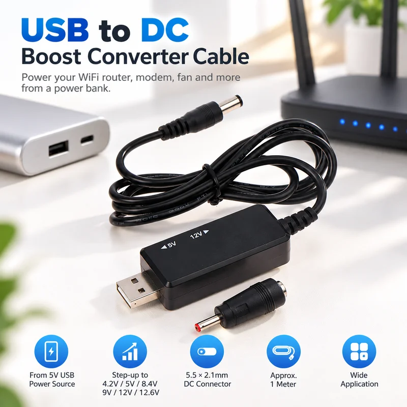 1 Set DC 5V to 12V USB Boost Converter Cable 5.5*2.1mm Step-up Cord for Wifi Router Modem Fan Power Bank Supply
