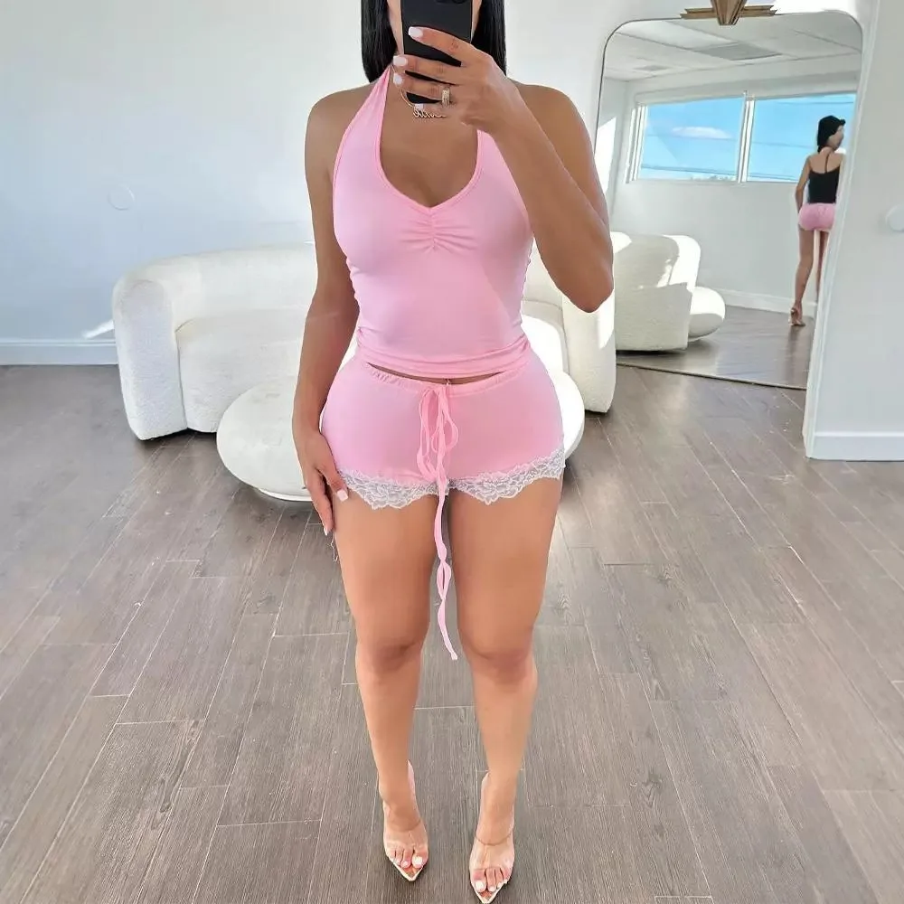 

2026 Fashion Lace Patchwork Backless Women's Homewear with Sophisticated Style Beach Drawstring Shorts Slim Fit Sleeveless Loung