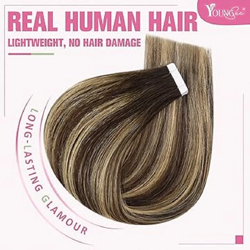 Cinta YoungSee en extensiones de cabello Cabello humano Trama de piel sin costuras 100% Cinta de cabello humano en 12-24 pulgadas