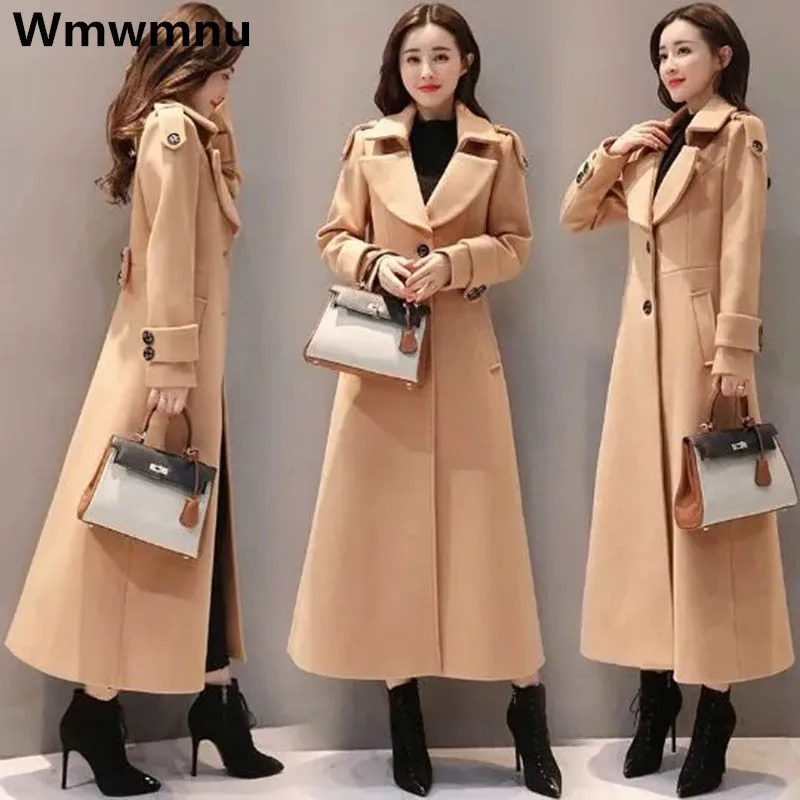 Winter Womens Elegant Long Woolen Coats Warm Slim Thicken Trench Overcoat Office Lady Fashion Plus Size 70kg Classic Jackets New