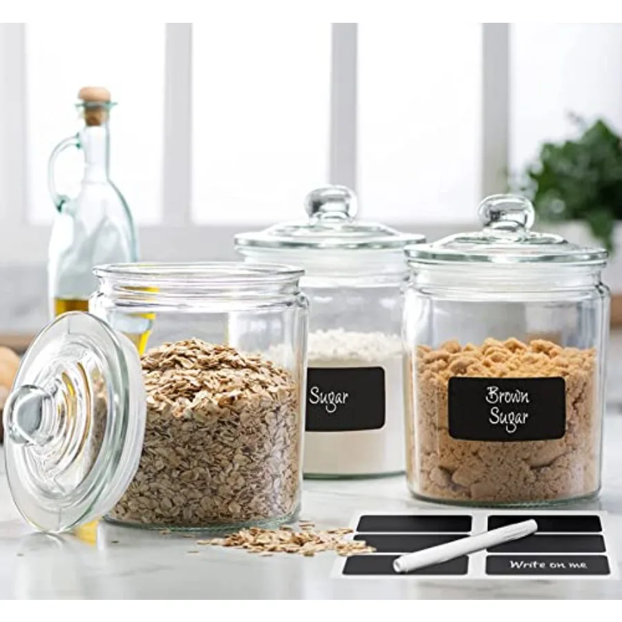 

Le'raze 3pc Canister Sets for Kitchen Counter + Labels and Marker - Glass Cookie Jars with Airtight Lids - Food Storage Contain