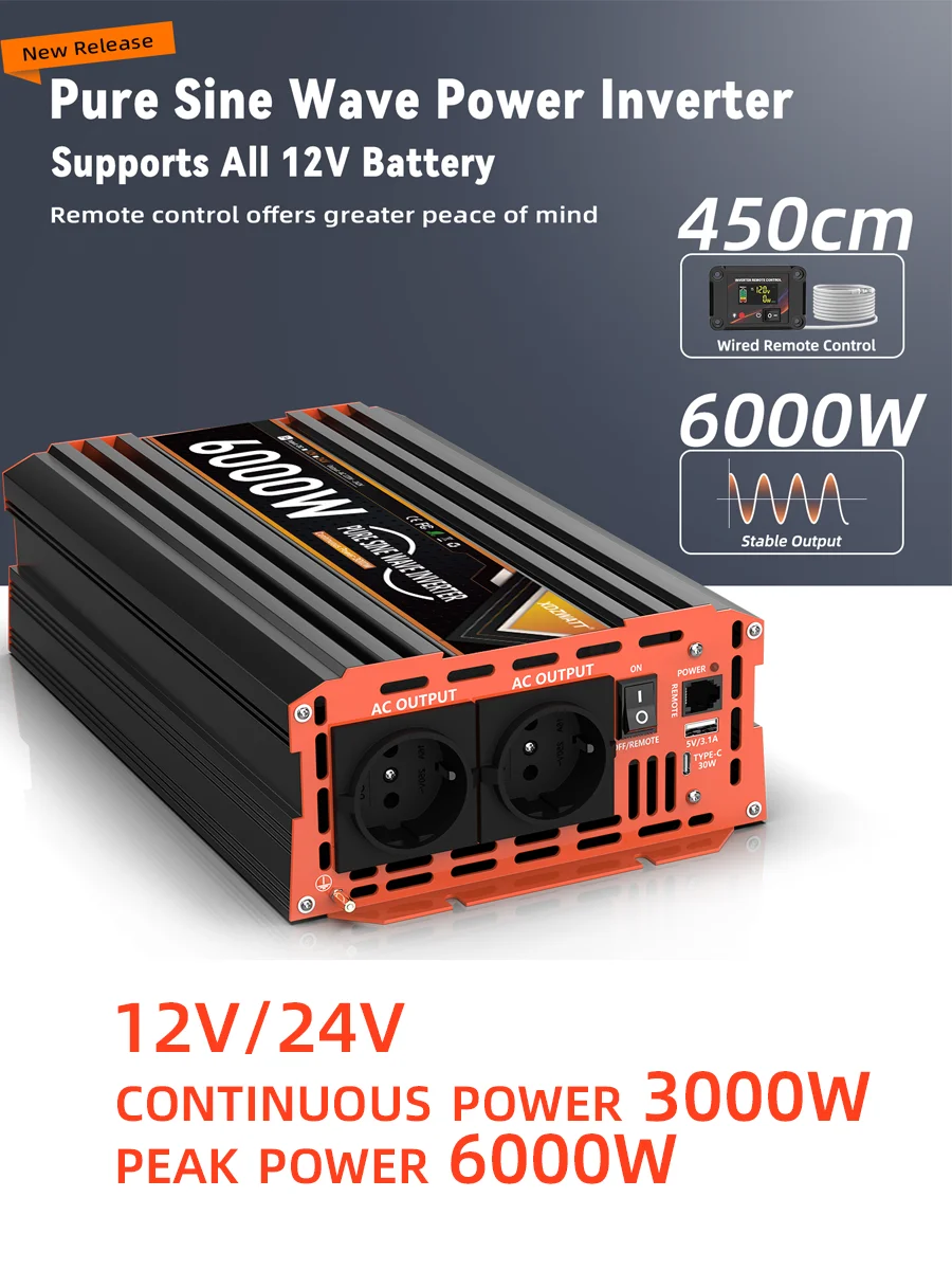 6000 W Spitzenleistung Reiner Sinus-Wechselrichter DC 12 V 24 V zu AC 230 V 50 Hz EU-Buchse LCD Auto Voltmeter Konverter Transformator LCD