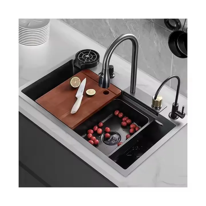 

Sink,Luxury Modern Kitchen Sink Hidden Black 304 Stainless Steel Single Bowl With Smart Faucet Multifunction Waterfall Kitchen F