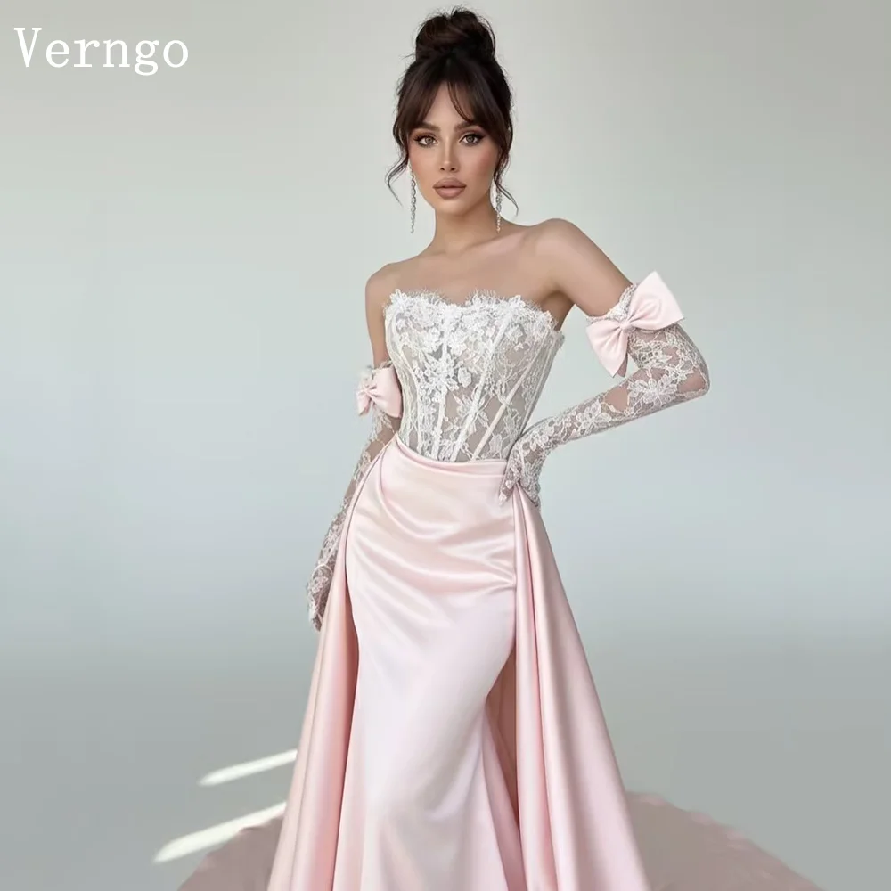 

Verngo Elegant Pink Satin Evening Dress Strapless Mermaid Formal Occasion Dress Lace Princess Prom Gown Customized
