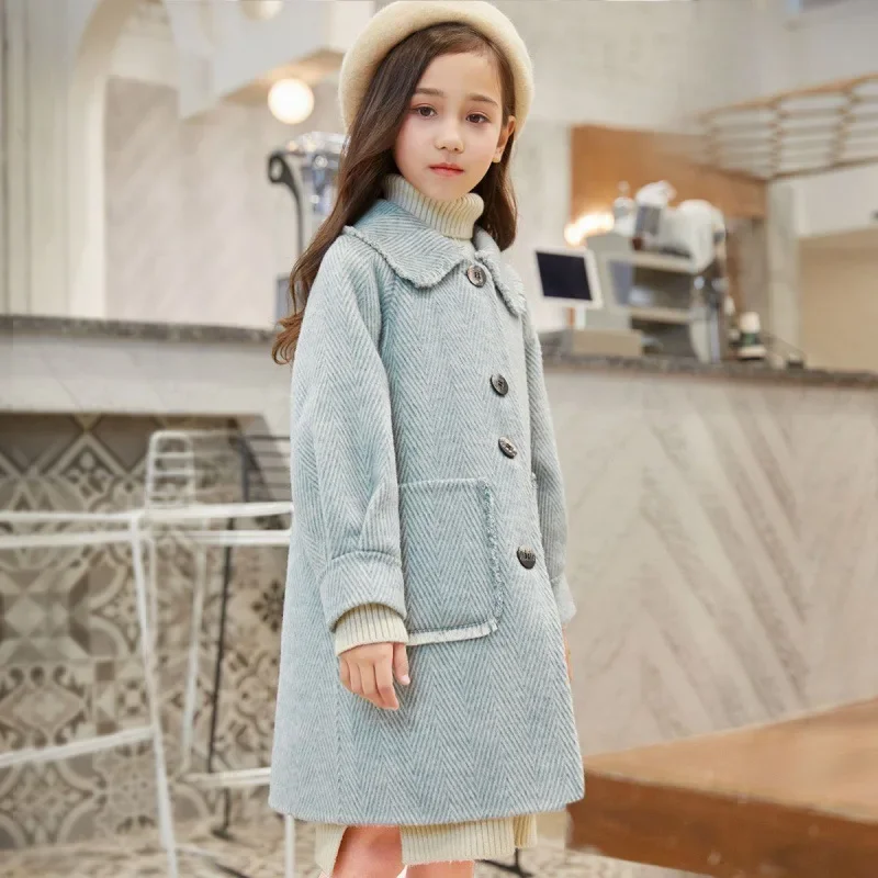 Girls Woolen Coat Autumn New Korean Version Foreign Style Coat Long Fashion Spring and Autumn Korean Simple Style Clothes