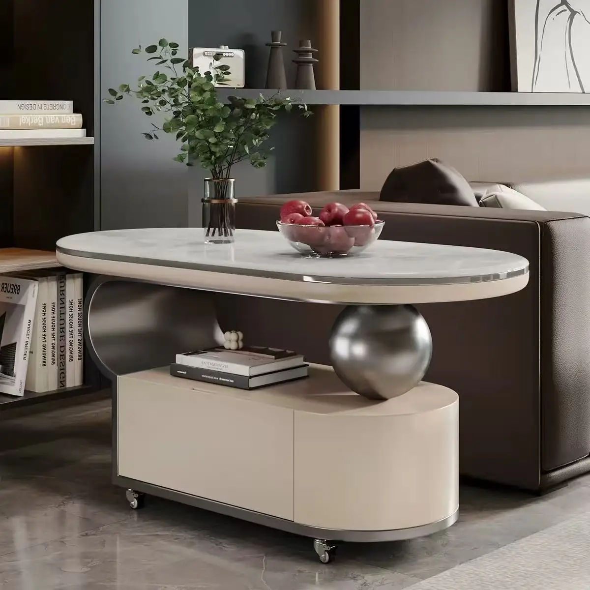 #Modern Oval Coffee Table with Drawer, Microcrystalline Stone Top Mobile Side Table with Wheels for Living Room