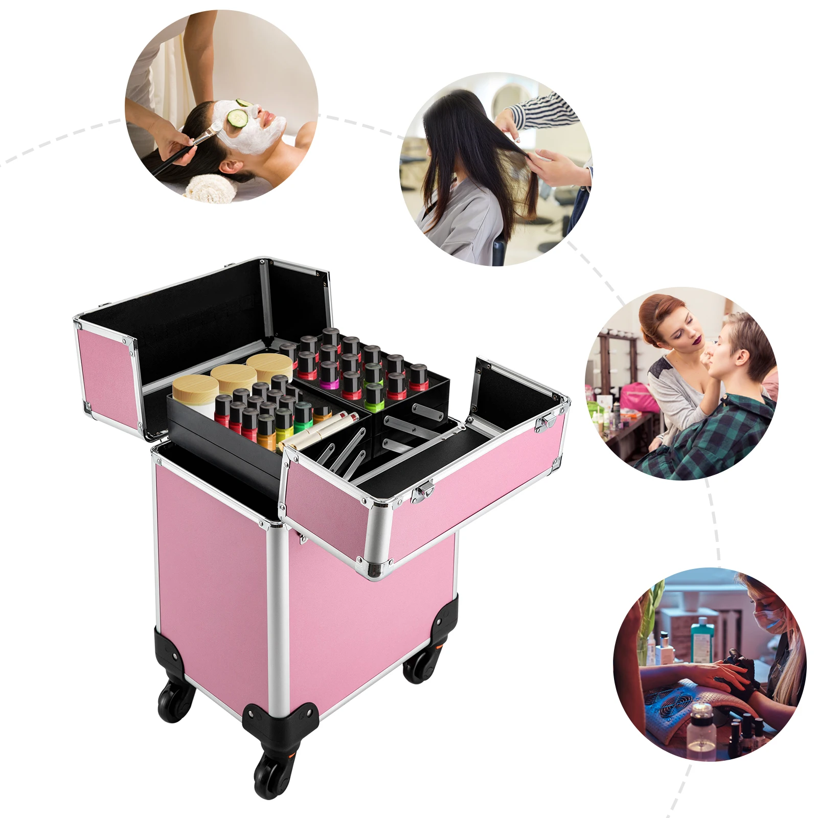 Bymaocar Rolling Makeup Train Case Cosmetics Nail Salon Hairdresser Trolley Case with 12 Compartment Pink