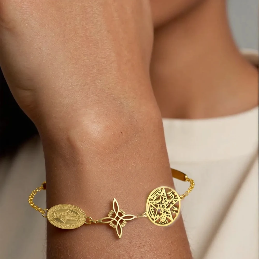 الفولاذ المقاوم للصدأ الثلاثي حماية سوار الساحرة عقدة مريم العذراء الخماسي Tetragrammaton ثلاثة أنواع تميمة مجوهرات للنساء #2