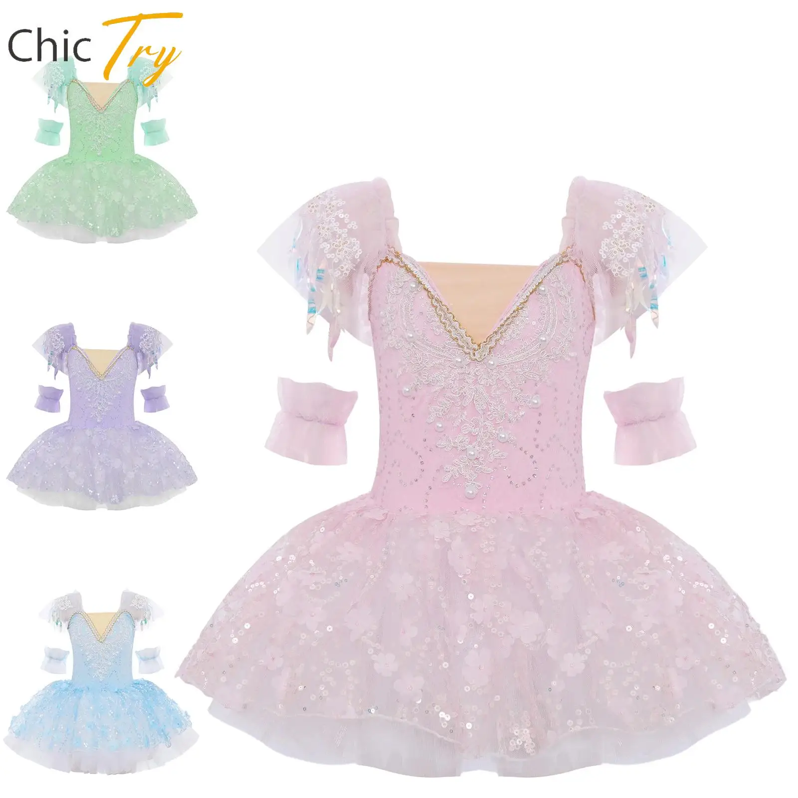 

High Quality Girl Ballet Dance Gymnastics Performance Costume Applique Bodice Sequins Floral Layered Tulle Tutu Dress with Cuffs