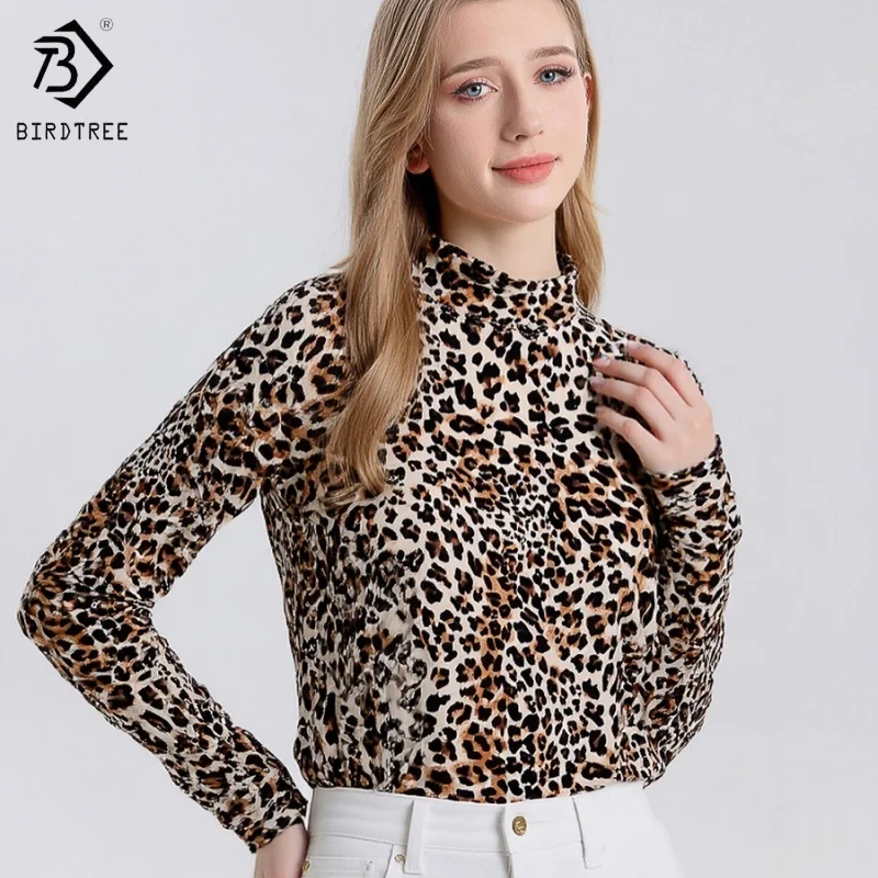 

Birdtree, майка из 80% шелка, 20% хлопка, женская рубашка с воротником-стойкой, леопардовый принт, облегающий крой, зимний пуловер T5N529JF