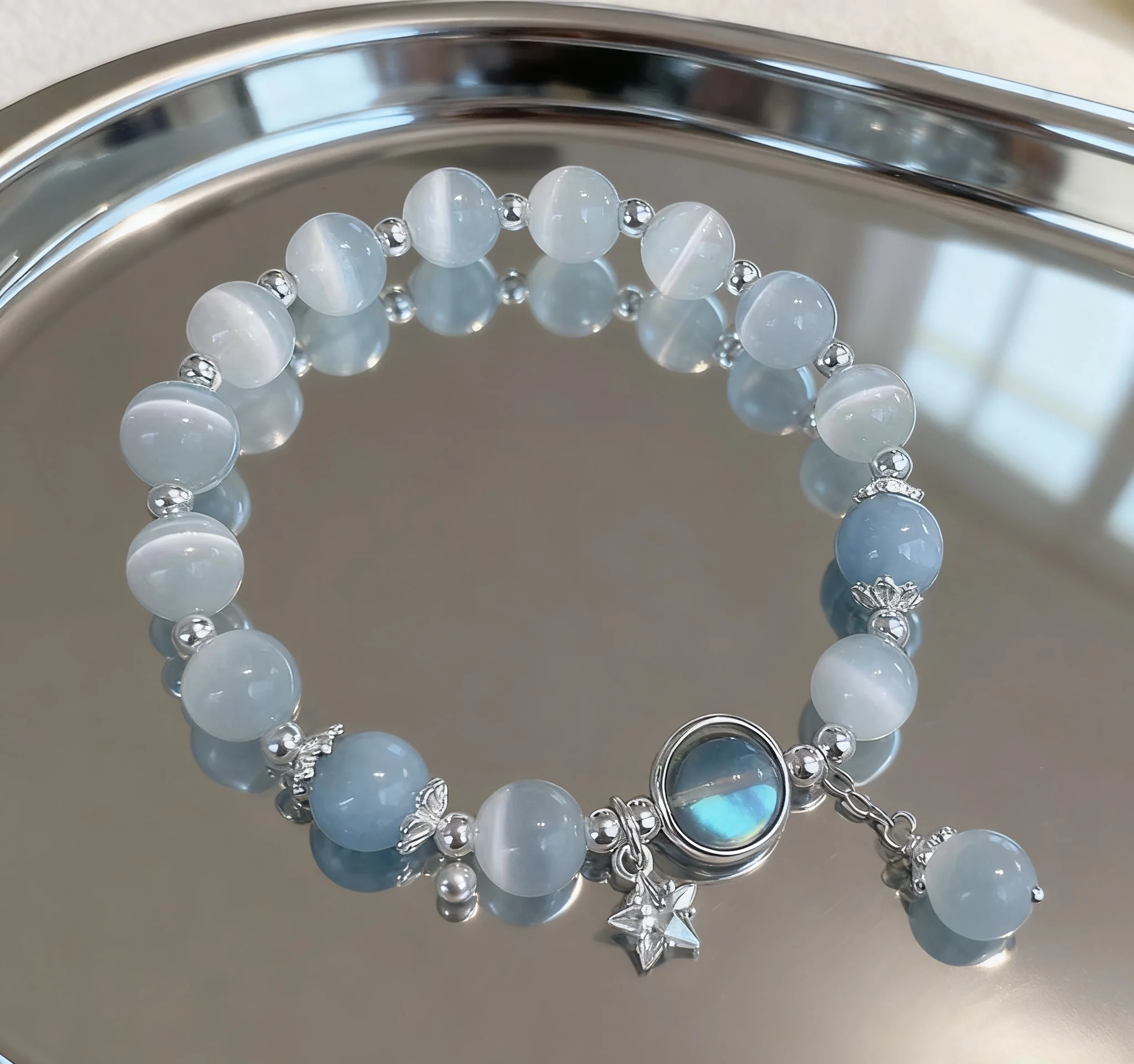 New Unique Dreamy Blue Moonstone Cat Eye Pendant Crystal Bead Bracelet Party Jewelry Gift For Women
