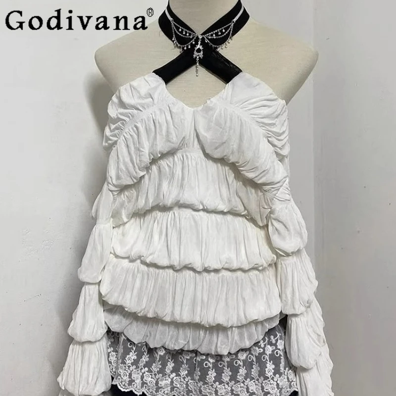 오리지널 하이엔드 패션 다용도 셔츠 여성용 화이트 긴팔 Y2K 블라우스 핫걸 여름 유니크 고급 홀터탑