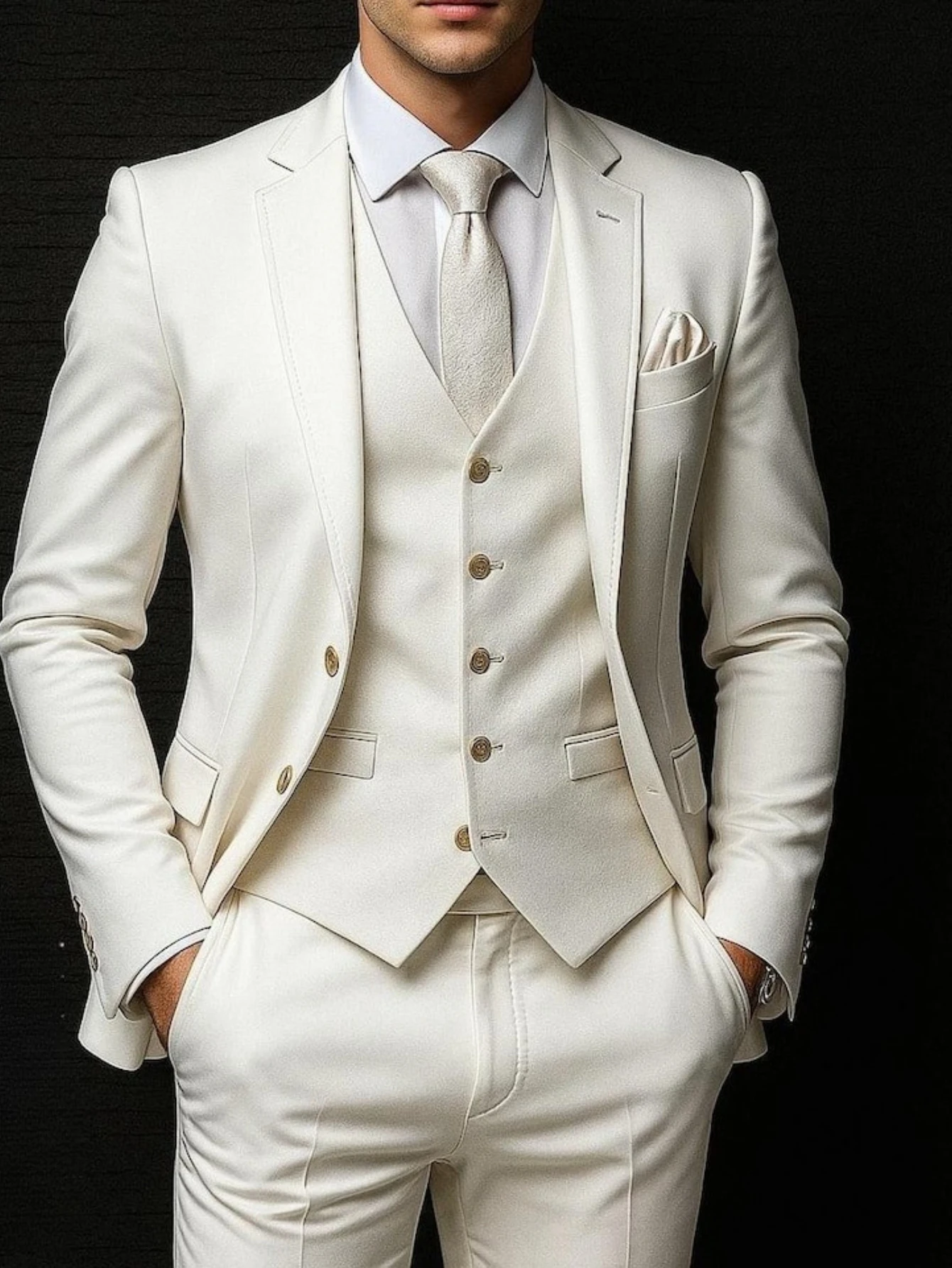 

White 3-Piece Suit Slim Fit Peak Lapel Wedding Style