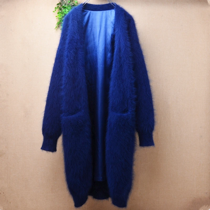 

04 Female Women Fall Winter Clothing Hairy Blue Mink Cashmere Knitted Long Sleeves Loose Long Sweater Cardigans Jacket Coat Pull