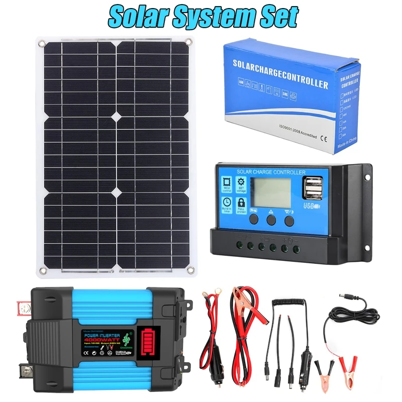 12V to110/220V Solar Power System Kit 300W Inverter + 18W/18V Solar Panel + 30A 12V/24V Solar Controller Car Power Inverter Sola