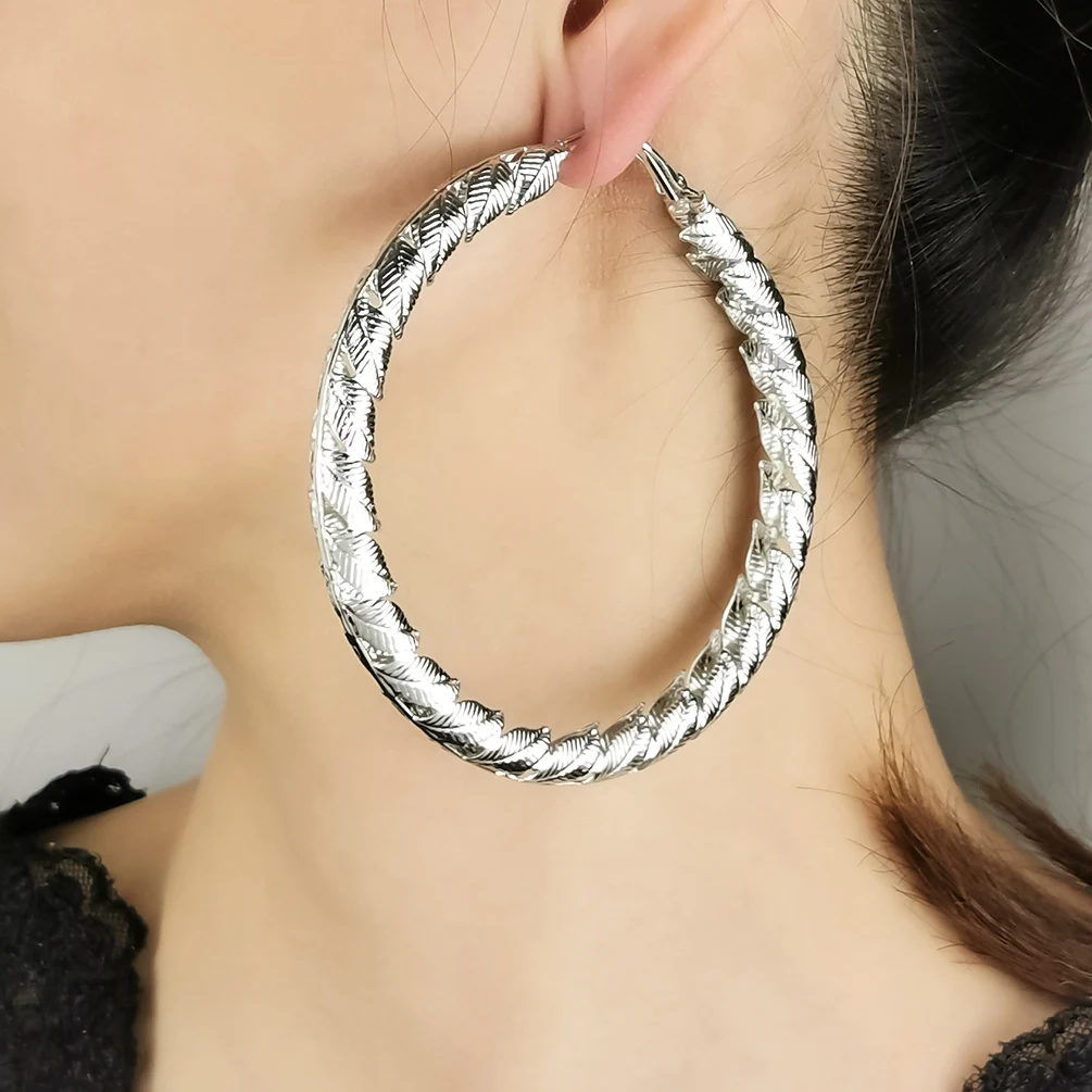 Fashion Chunky Big Hoop Earrings For Women Vintage Leaves Metal Dangle Statement Earring 80mm African Women\'s  Jewelry Punk