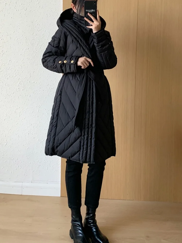 Designer Fake Two Pieces Down Coat Women Warm Stand Collar Hooded Long Jacket Office Ladies Slim Fit Fashion Casual Overcoat