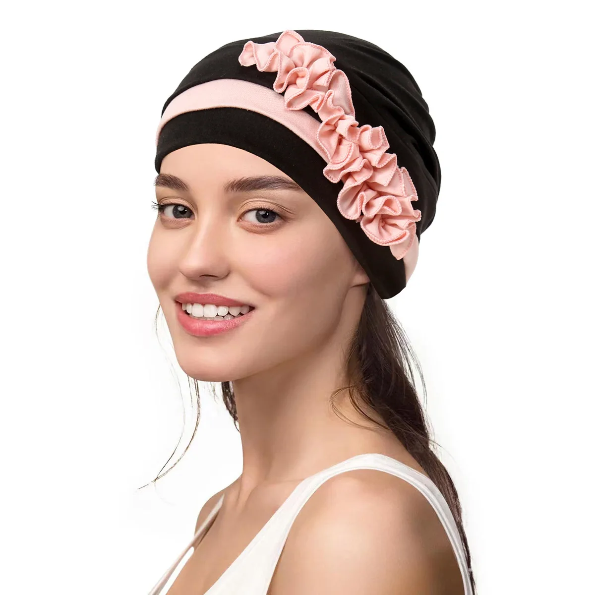 Hot Selling Women's Flower Cap Stretch Solid Pleat Chemo Hat African Headwear Indian Bonnet Turkey Muslim Hijab Turban Inner