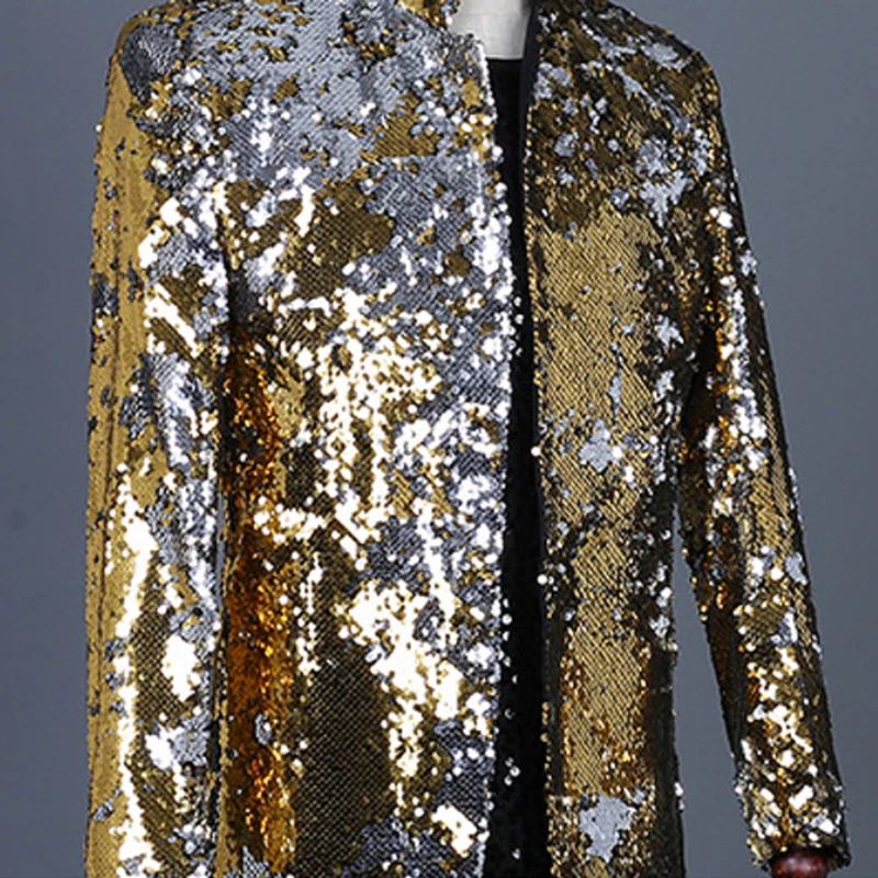 Shiny Gold Sequin Glitter Long Blazer Jacket Men Stand Collar Slim Fit Tuxedo Suit Blazers Mens Party Prom Stage Clothes Male