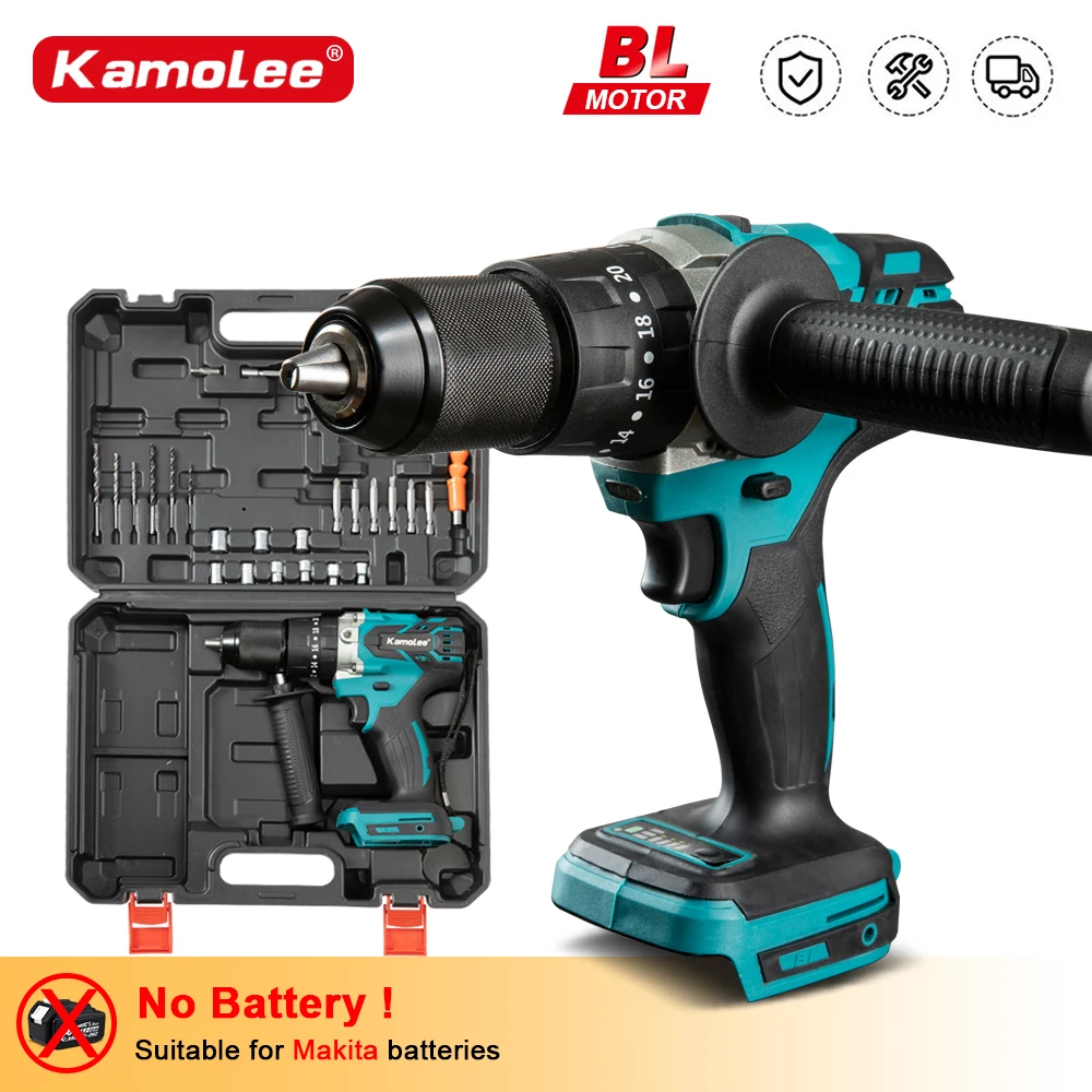 Kamolee 13MM New Brushless Electric Impact Drill Cordless Screwdriver Lithium Battery Charging Hand Drill For Makita 18V Battery