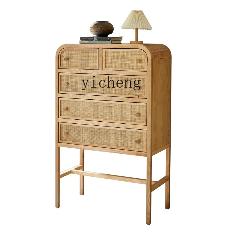 

YY Solid Wood Rattan Chest of Drawers Japanese and Nordic Style Living Room Drawer Locker Creative Storage