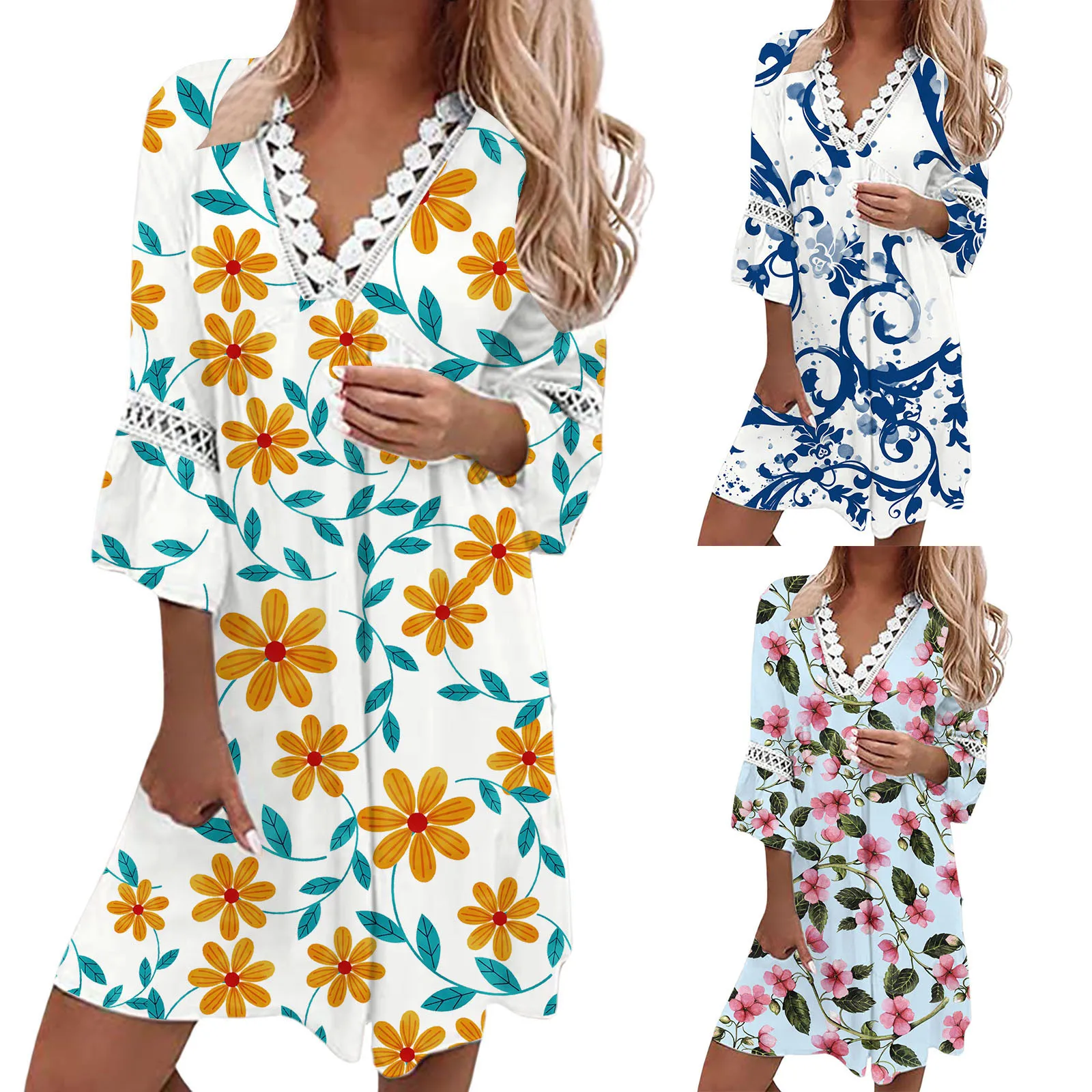 Robes Boho décontractées pour femmes, robes à imprimé floral adt, col en V, manches évasées, ethnique, mini robe, éducatif, été, 2024