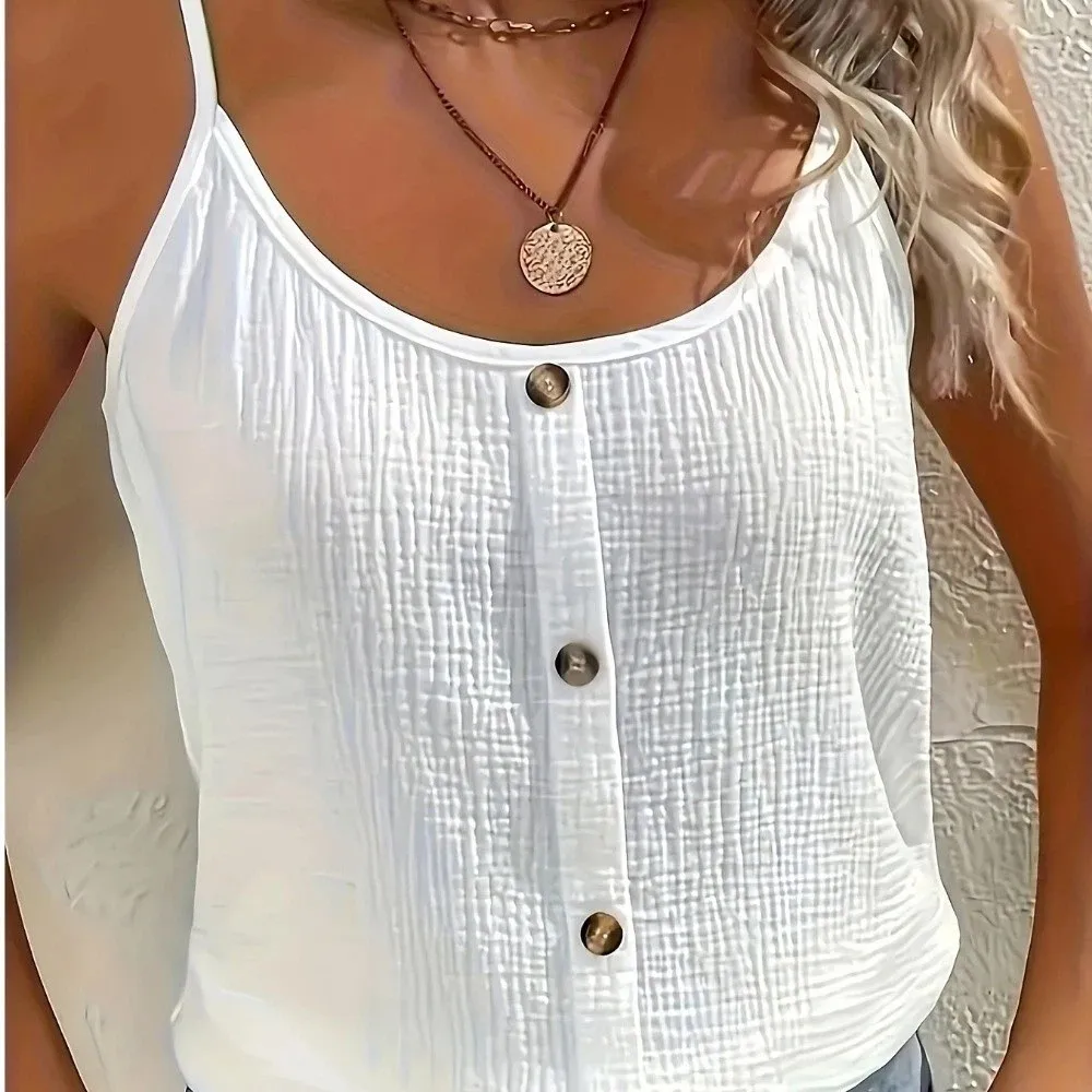 Tank Top Solid Color Women Camisole Thin Strap Loose Sleeveless Vest Top Bottoming Shirt U-Neck Button Front Vest Office Wear