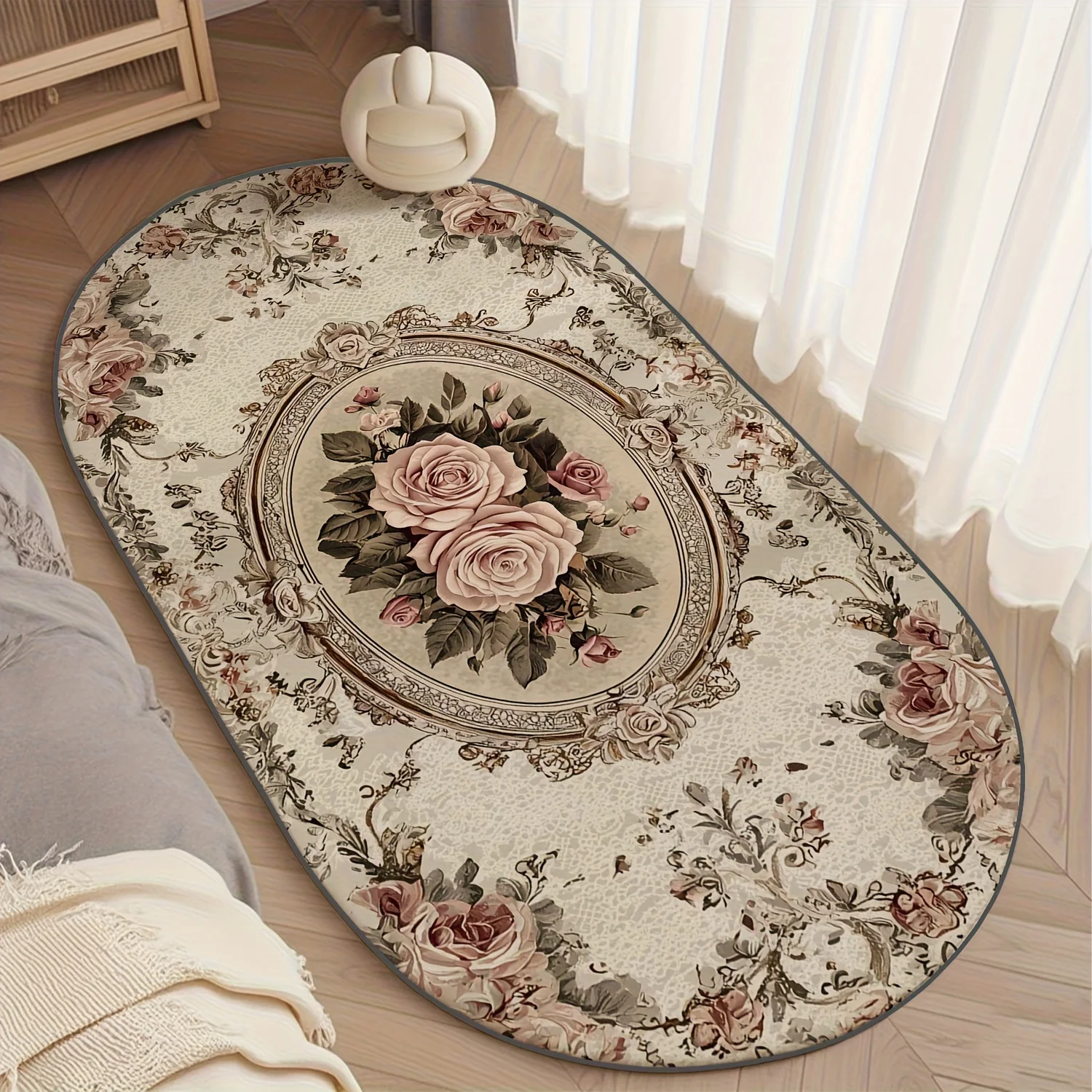 VIKAMA Vintage Carpet Doormat Peony Flower Bedside Floor Mat Oval Carpet For Living Room Rug For Bedroom Bathroom Mat Home Decor