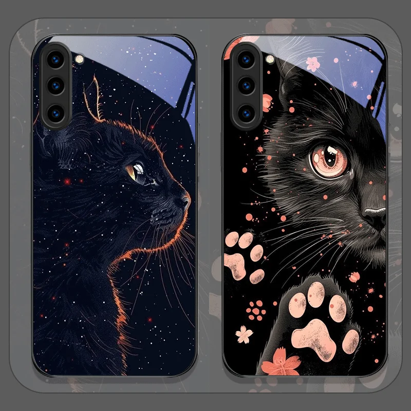 Black Personality Cool Cat Tempered Glass Phone Case for Samsung Galaxy S25 Ultra S24 S23 Plus S22 S21 S20 FE M53 M55 Back Cover