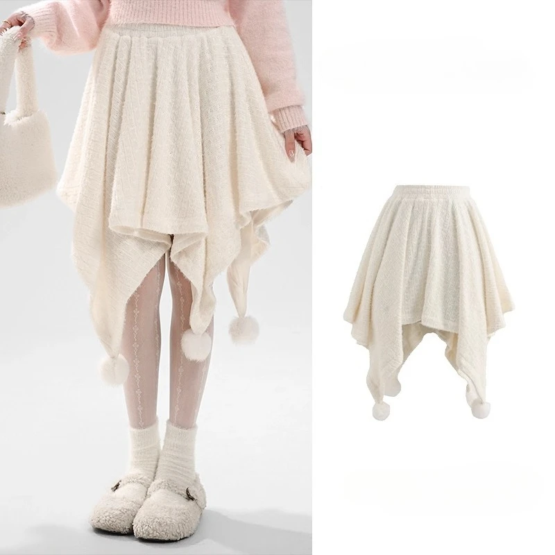 Autumn Winter New Sweet Design Plush High Waist Women's Skirt Korean Fashion Personality Versatile Irregular A-line Skirts Girl